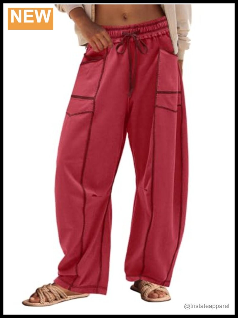 Womens Barrel Sweatpants Wide Leg Mid Rise Drawstring Pull On Cropped